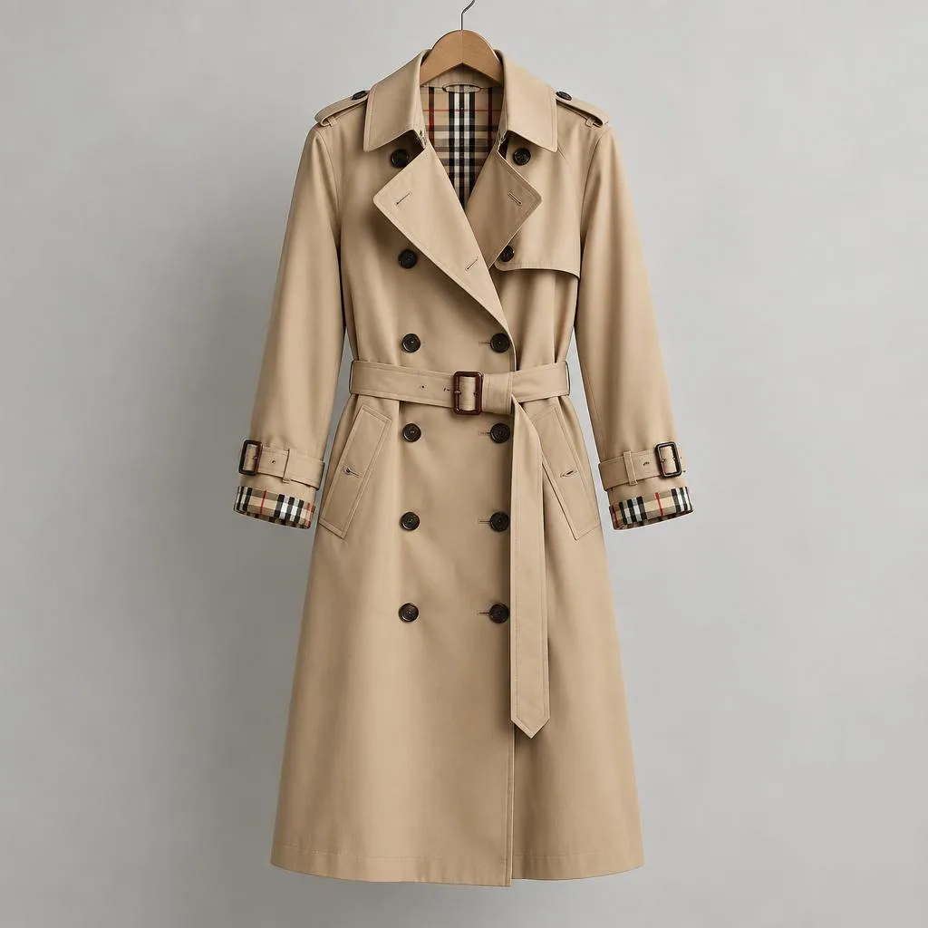 Beige Burberry trench coat with checked lining on a hanger.