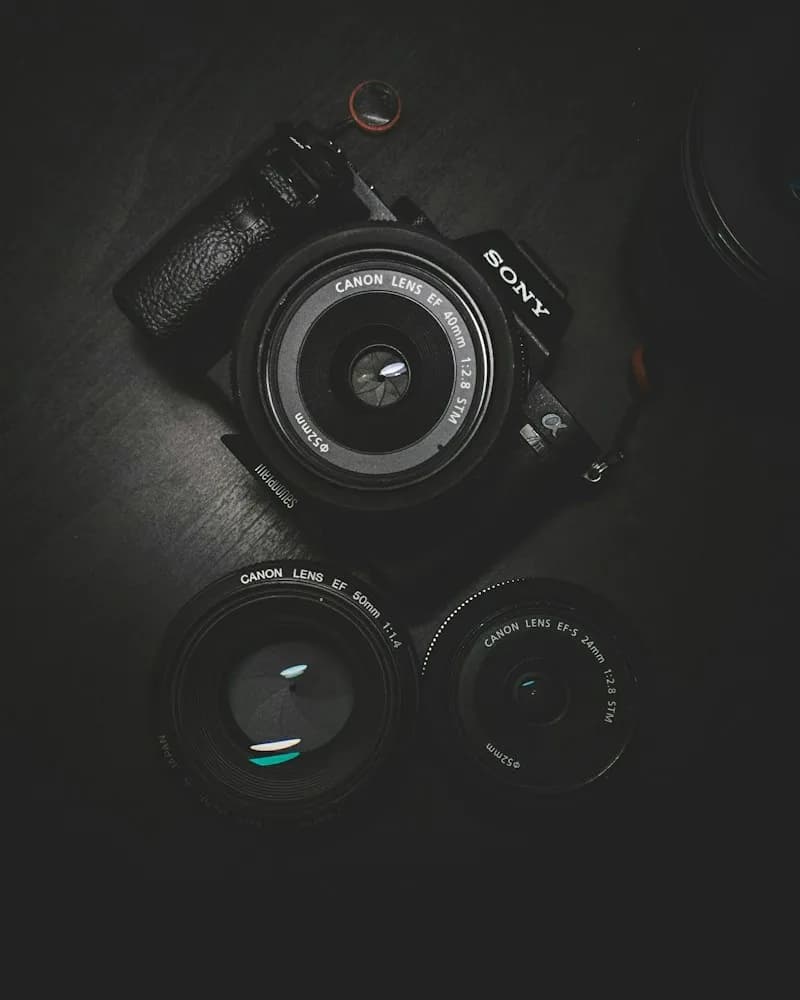 Canon camera and two lenses arranged on a dark surface.