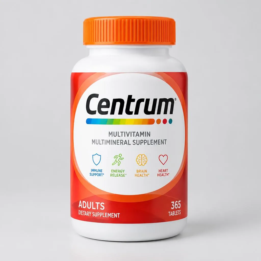 Centrum multivitamin bottle with an orange cap.