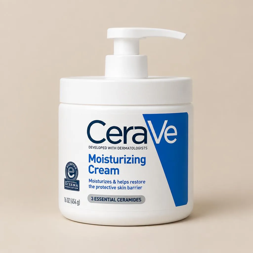 CeraVe moisturizing cream in a white pump jar.