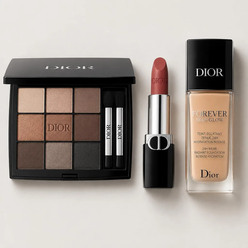 Dior eyeshadow palette, lipstick and foundation on a pale surface.
