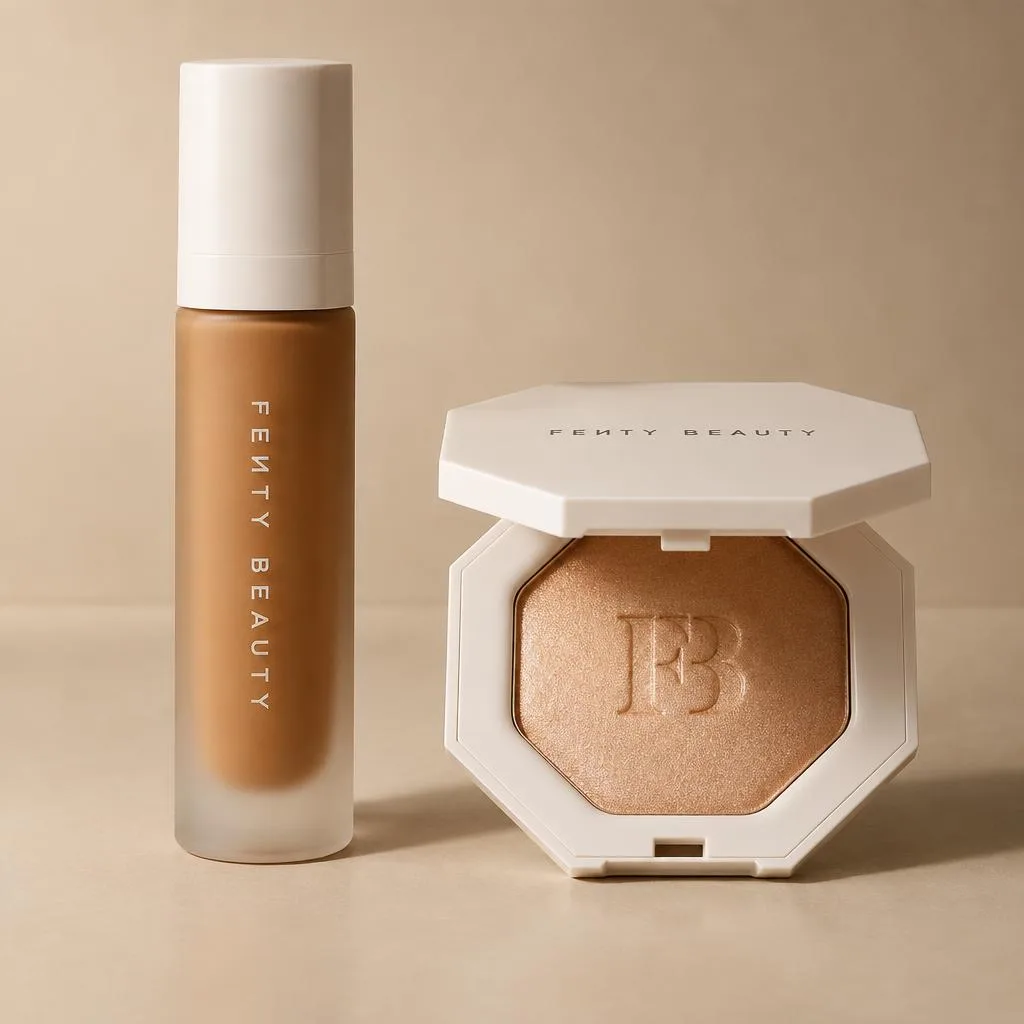 Fenty Beauty foundation beside a highlighter compact.