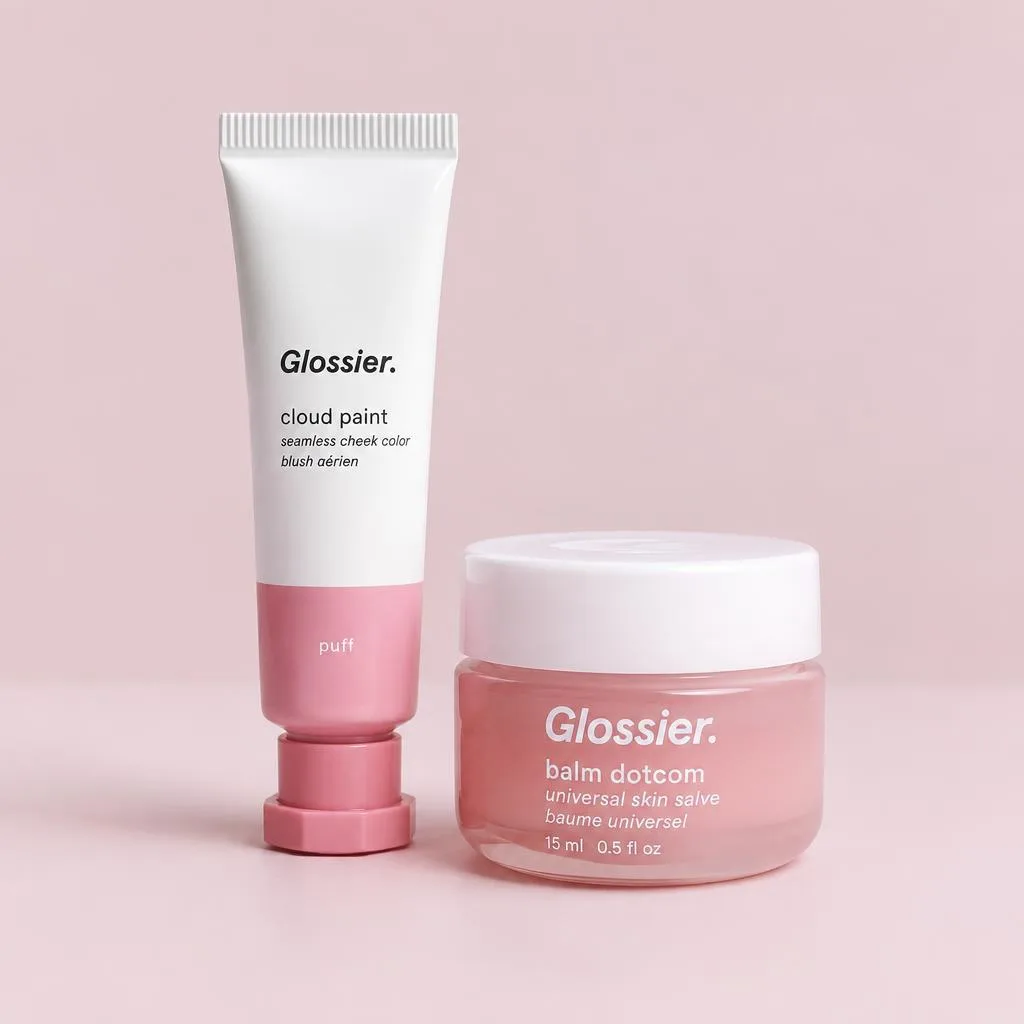 Glossier Cloud Paint tube and balm jar against a pink background.