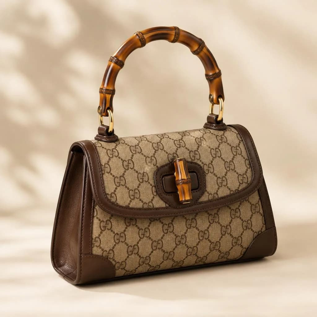 Gucci monogram handbag with a bamboo handle.