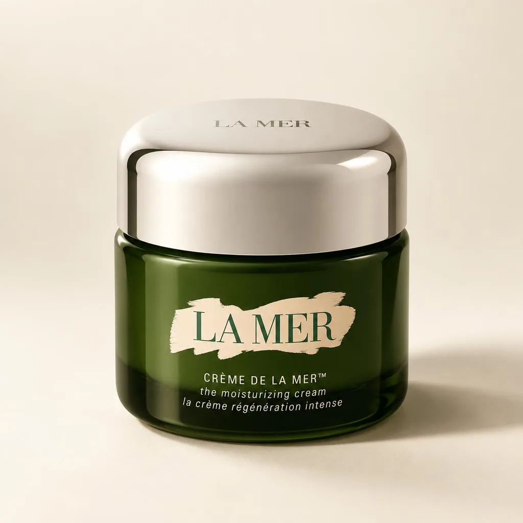 Green La Mer cream jar with a silver lid.