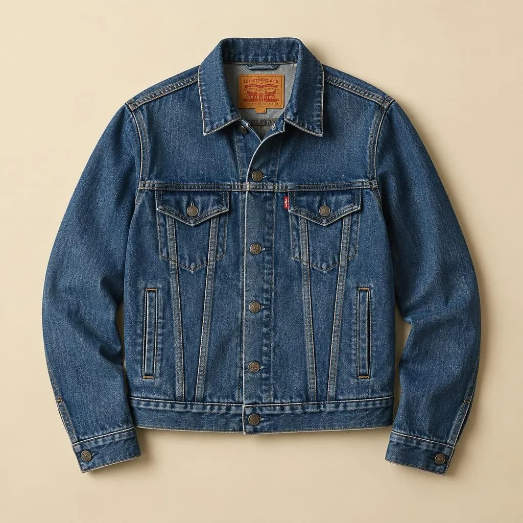 Blue Levi’s denim jacket hanging against a beige background.