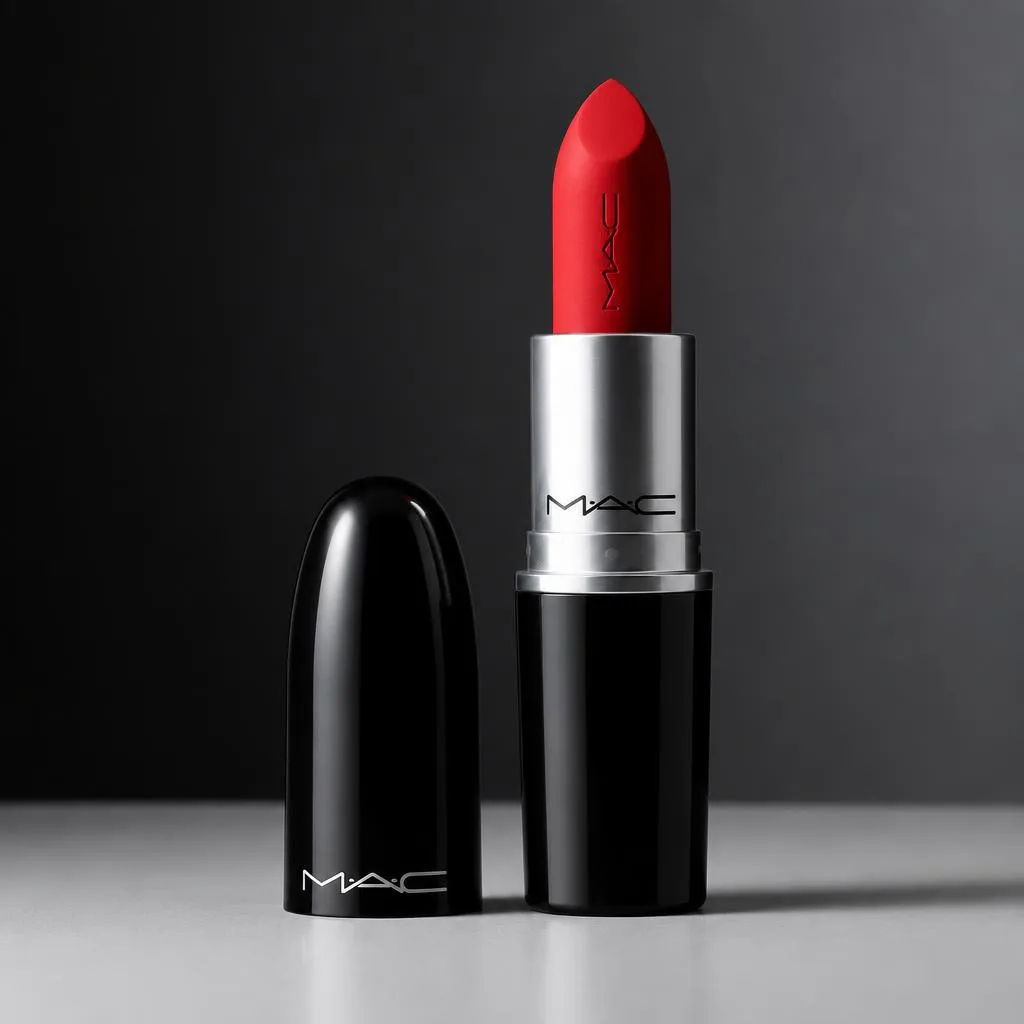 Red MAC lipstick beside its black cap.