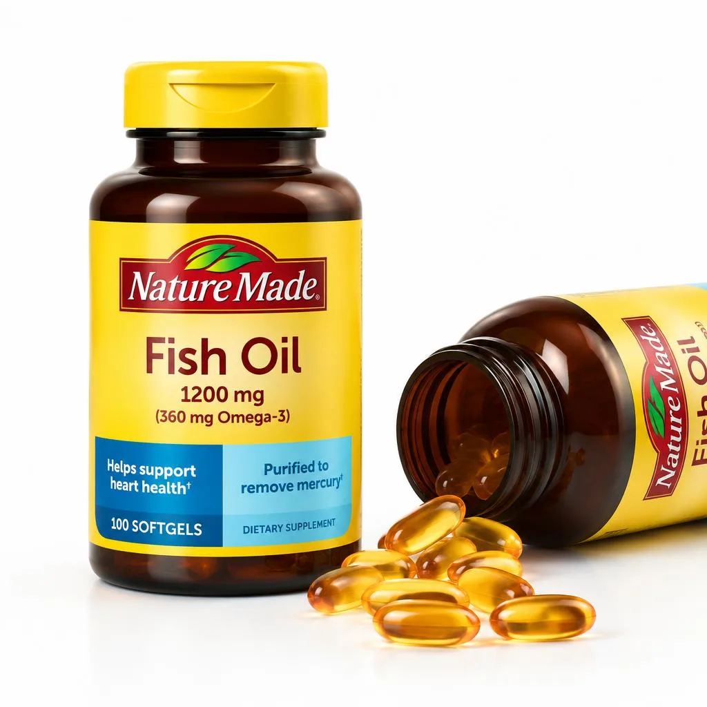 Nature Made fish-oil bottles and softgels on a pale surface.