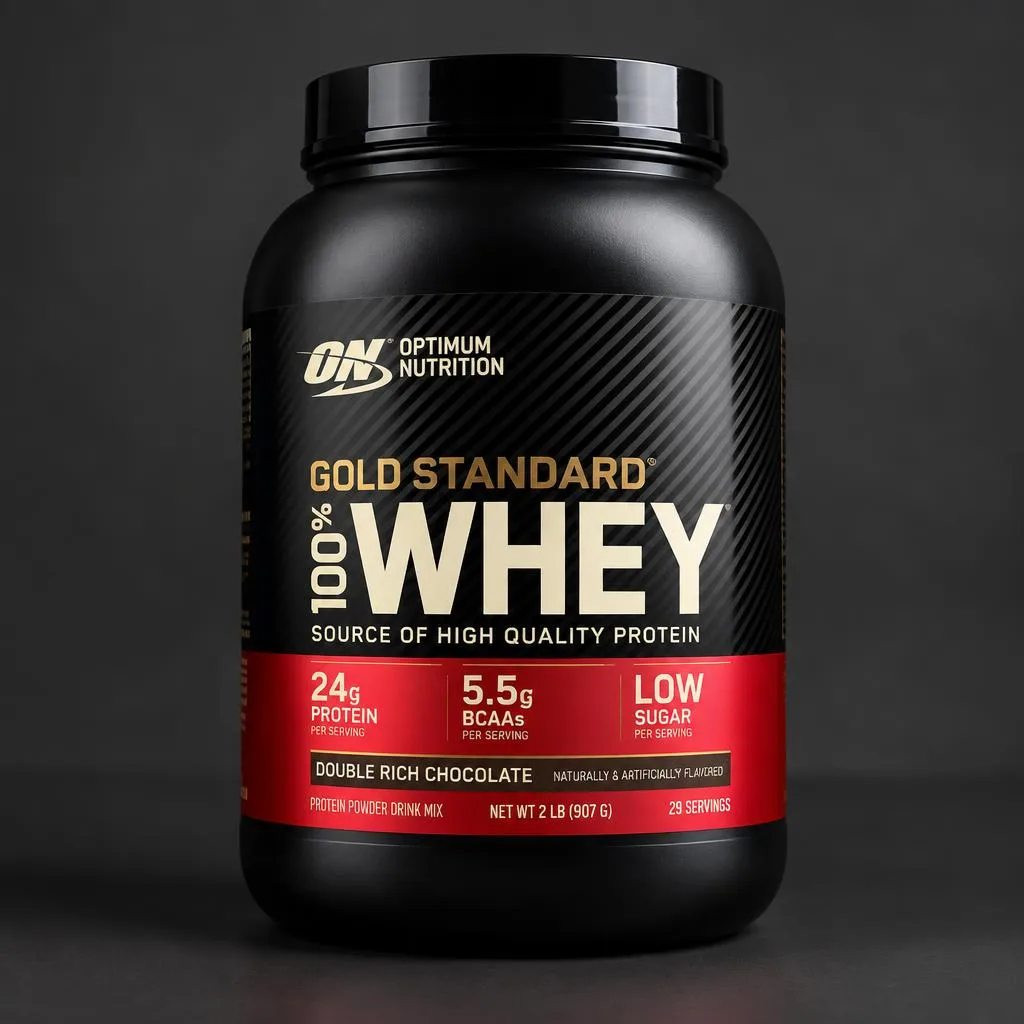 Black Optimum Nutrition Gold Standard whey protein tub.