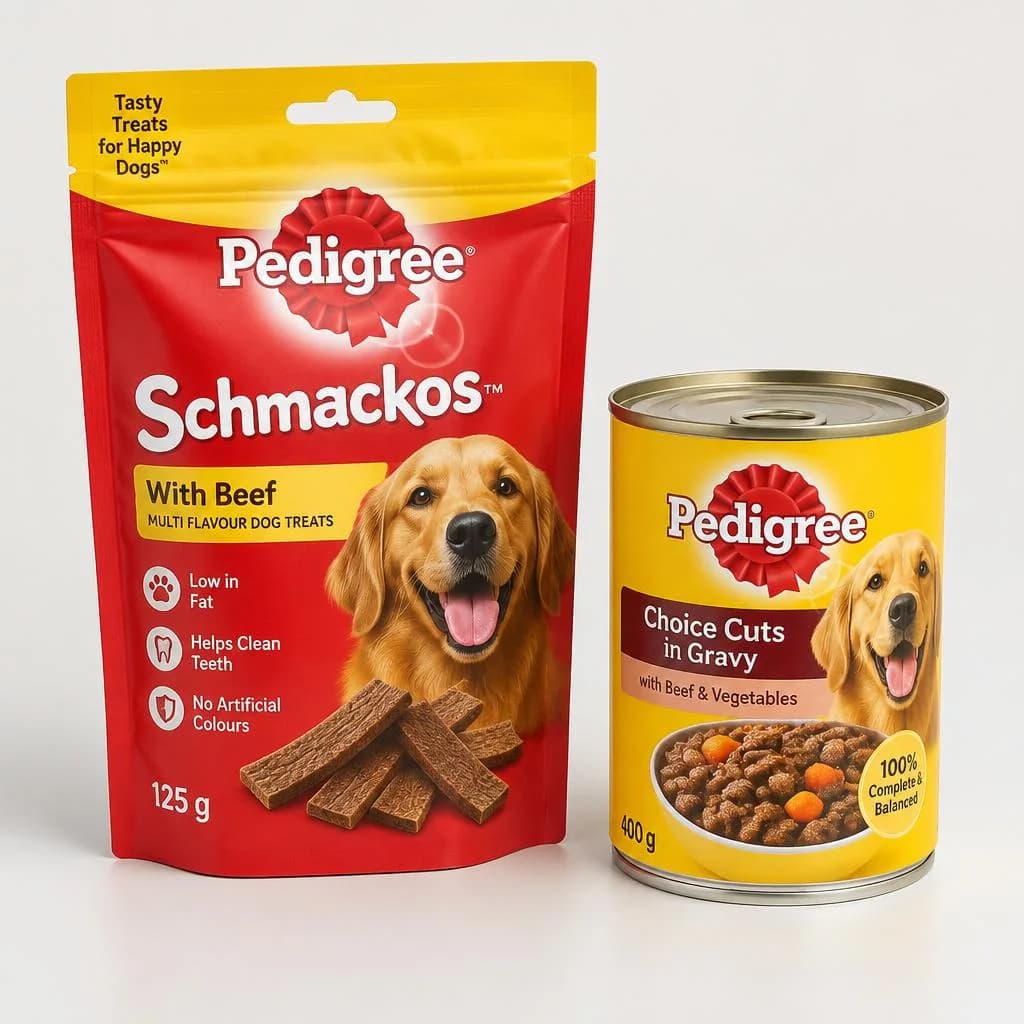Pedigree dog-treat pouch and wet-food can on a pale surface.