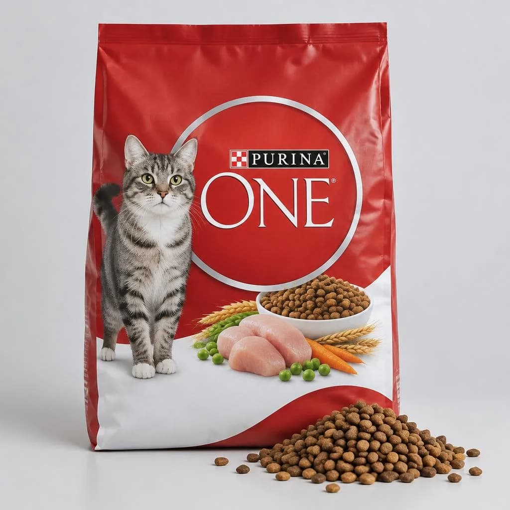 Purina ONE cat-food bag beside a bowl of kibble.