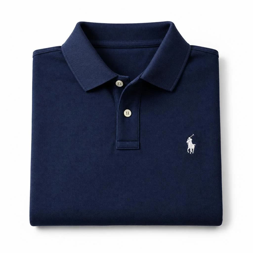 Folded navy Ralph Lauren polo shirt with an embroidered pony.