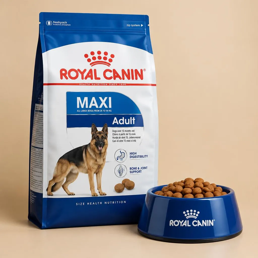 Royal Canin Maxi Adult dog-food bag beside a blue bowl.