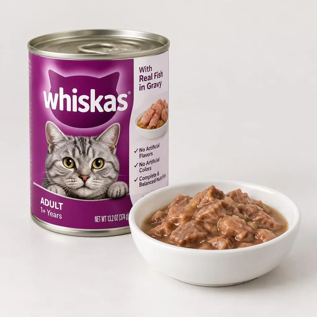 Purple Whiskas cat-food can beside a bowl of wet food.