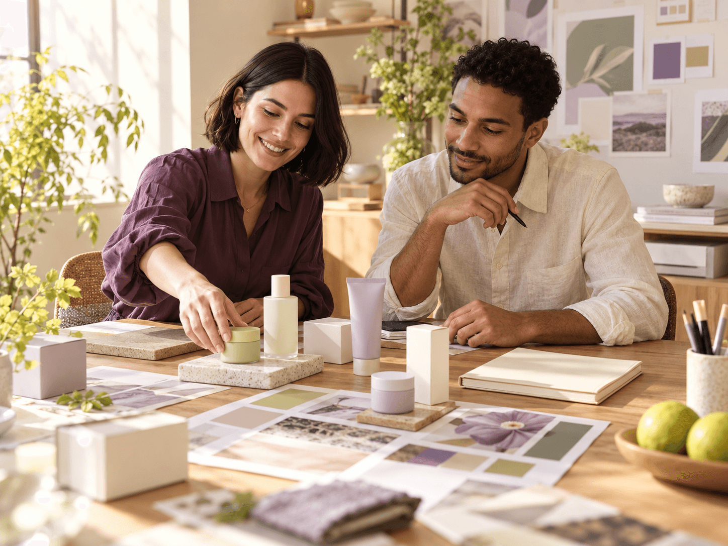 A brand team planning a campaign together in a sunlit studio