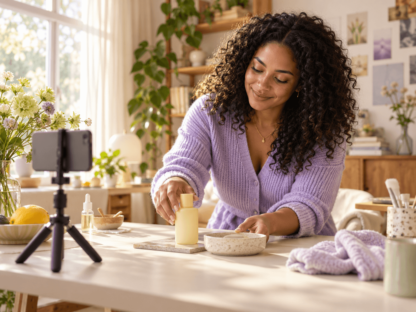 A creator arranging a product for a shoot in her home studio
